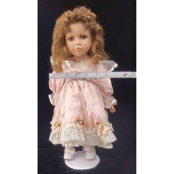 Vintage Collectible Porcelain Doll with Pink Satin and Lace Dress - Picture 13 of 15